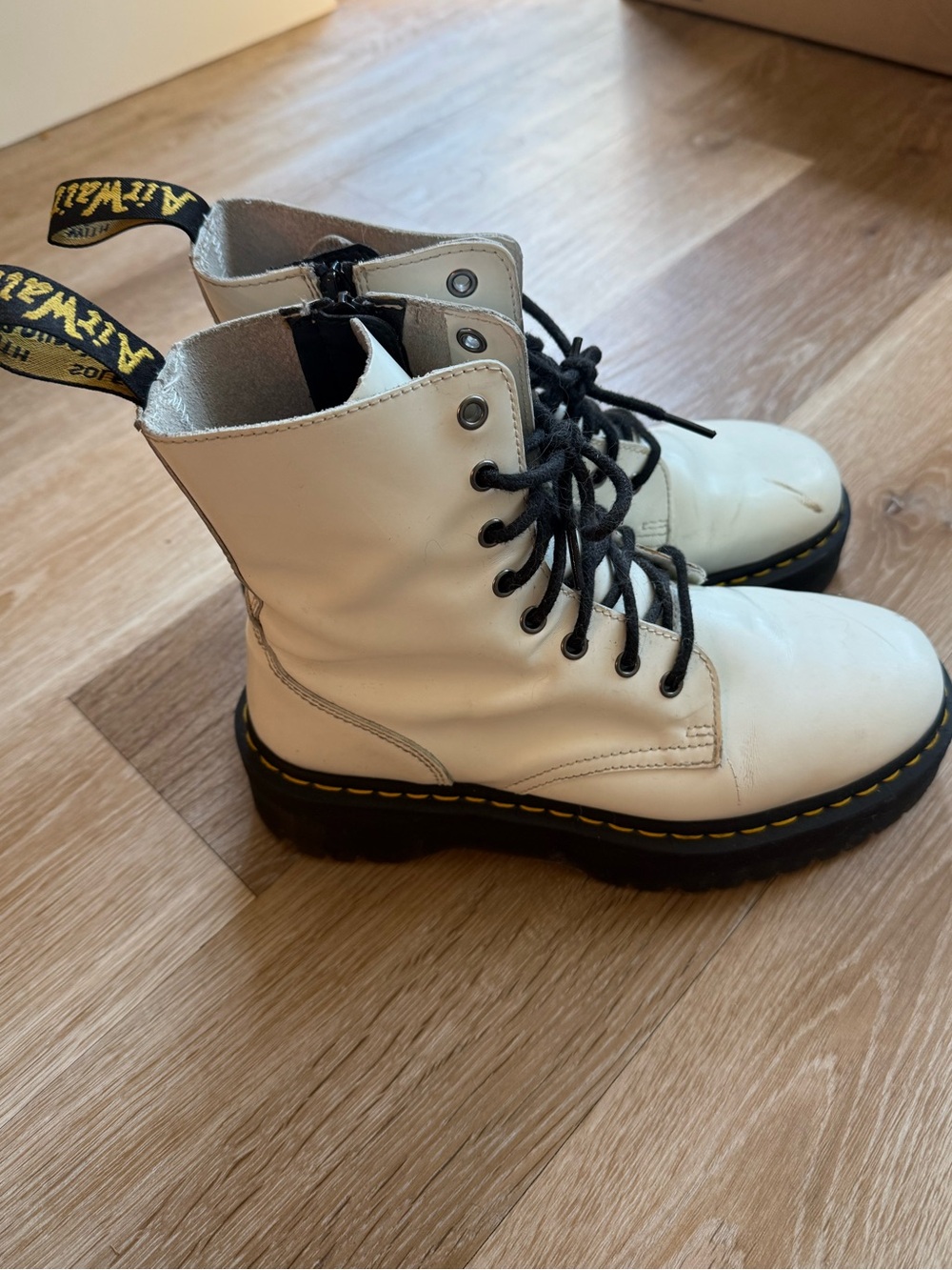Dr. Martens White Leather Platform Lace-Up Boots with Yellow Stitching